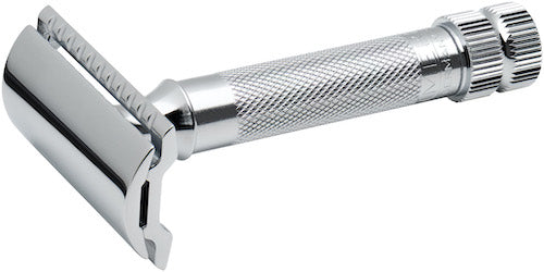 Angled front view of the bright chrome MERKUR 34C safety razor