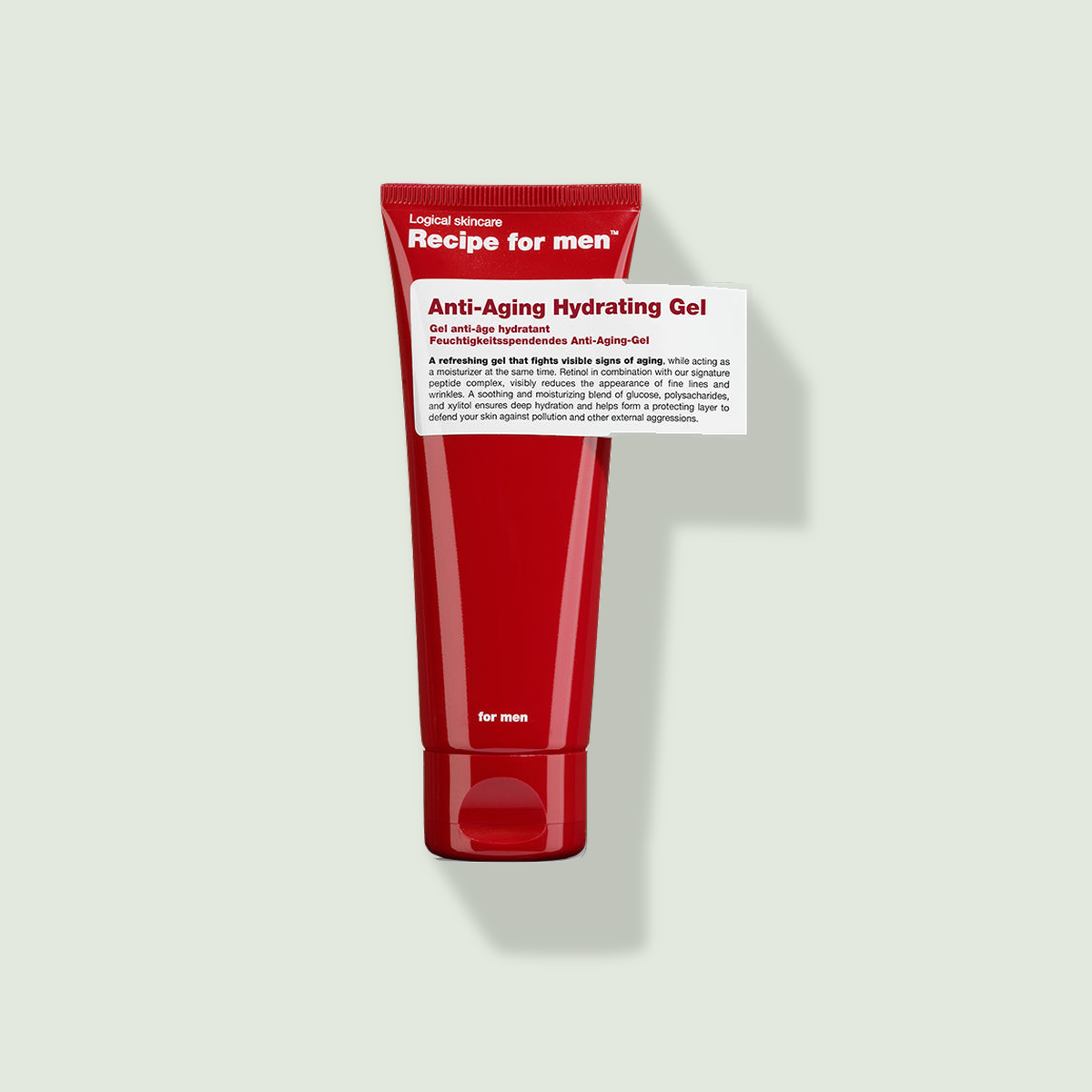 Recipe for men Anti-Aging Hydrating Gel uz salvijas krāsas fona