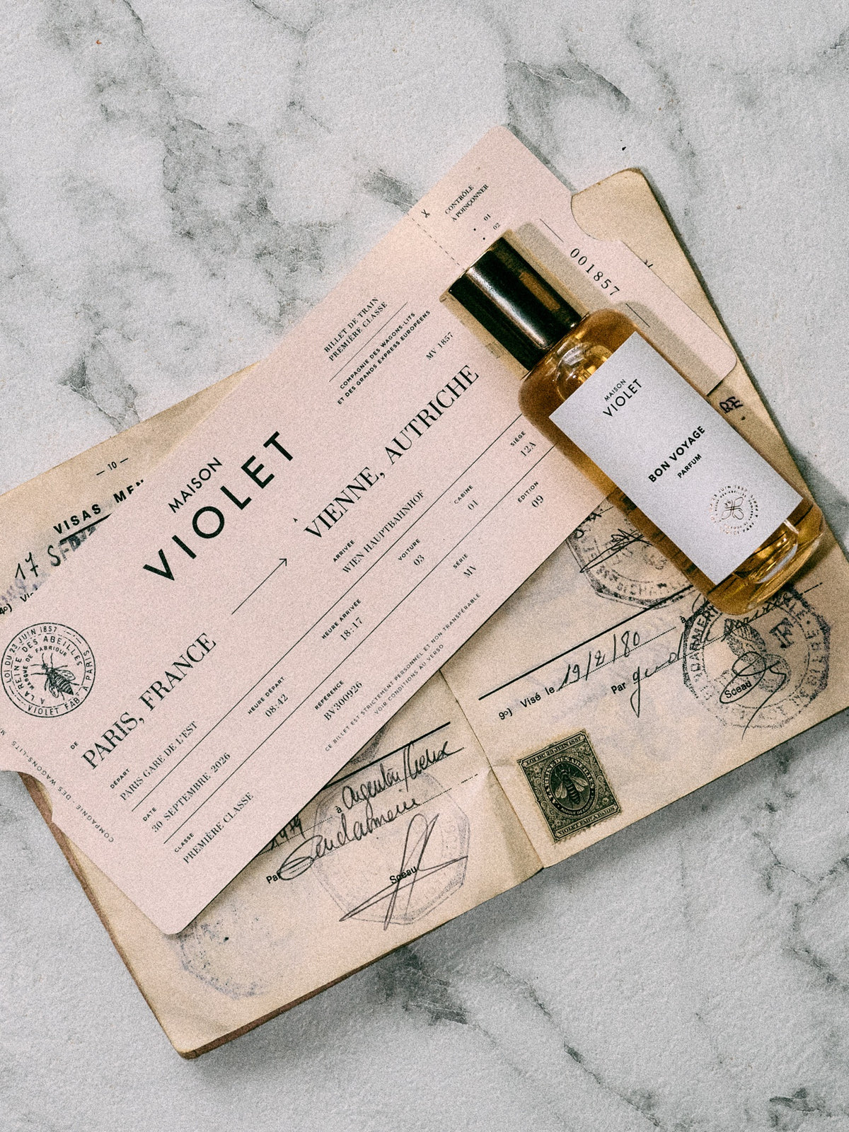 Maison Violet Bon Voyage with travel documents