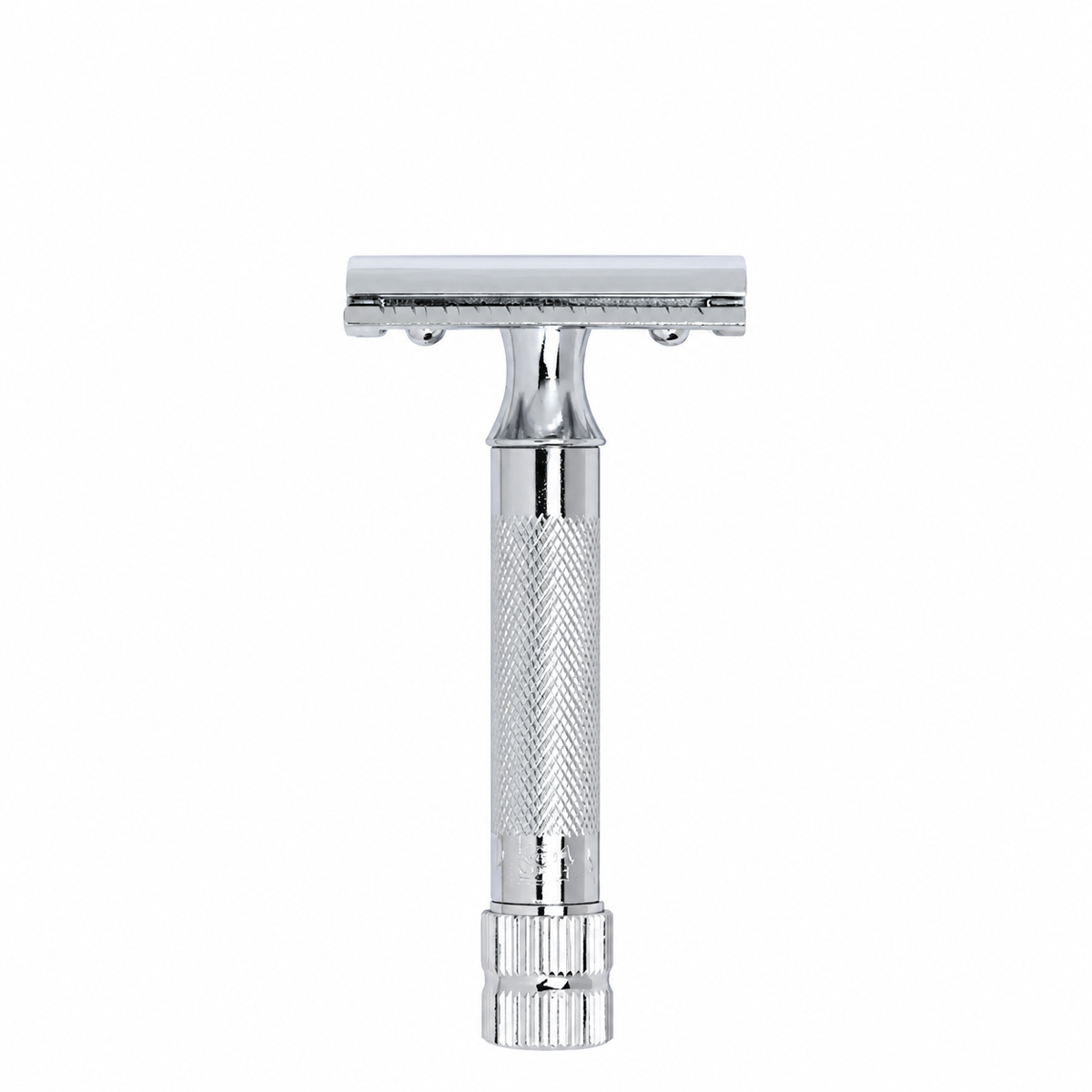 Front view of the MERKUR 34C with its short textured handle and base knob