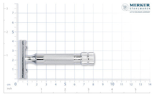 MERKUR 34C classic safety razor shown against a centimetre scale