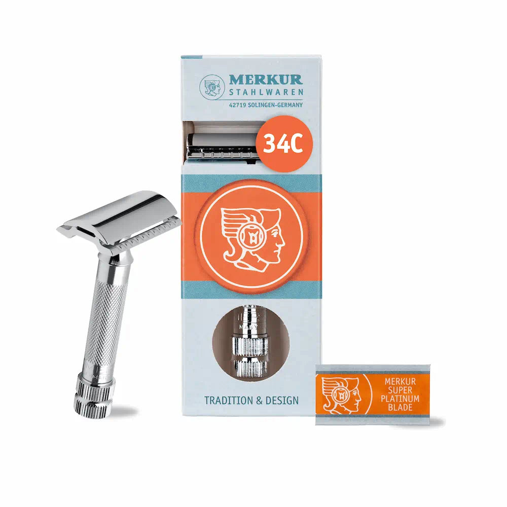 MERKUR 34C safety razor with its cardboard box and wrapped blade
